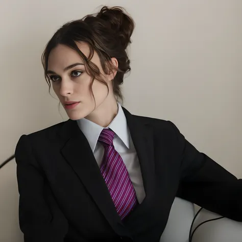 keira knightley in a suit and tie sitting on a chair, girl in a suit, girl in suit, wearing a strict business suit, in strict su...