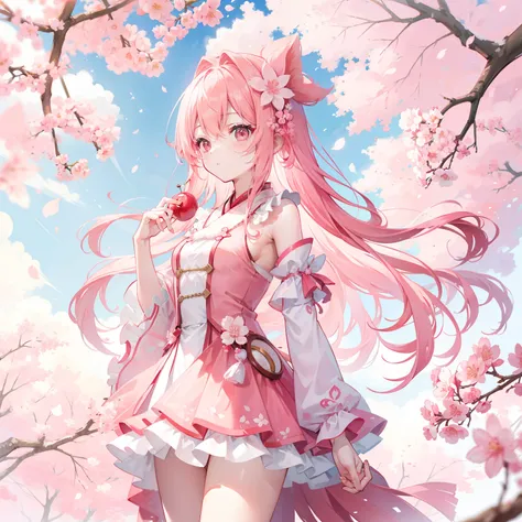 Peach blossom pink straight hair，Wearing pale pink Han costumes，Holding a cherry blossom branch，in the background, Beautiful cherry blossom trees are scattered with cherry blossoms，She is a gentle person, Cute, Slender petite sweet girl