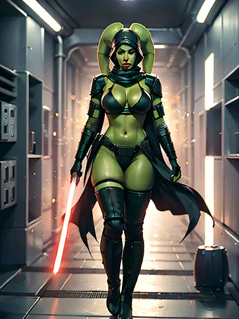 (((green skin)), Twiwilek), Dual Red Lightsaber, Evil Space Knight, Space Ninja, (Wearing a heavy black robe, Black Stealth Armor, breastplates, tunique, tabard, cowl, cloaks, Body gloves, lanyard, buckles, skirt by the, Long sleeves, Fantasy, ((armor))), ...