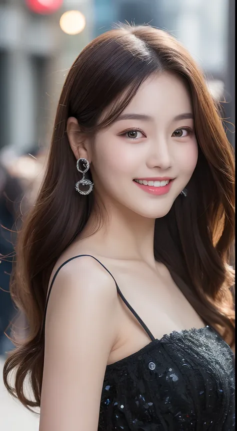 ((Best quality, 8k, Masterpiece :1.3)), 1girl, smiling, full body, slim face, Pretty woman, (Dark brown hair), full length dress :1.1, Ultra-detailed face, Detailed eyes, Double eyelid, blur background, slim face, city, outside, street,