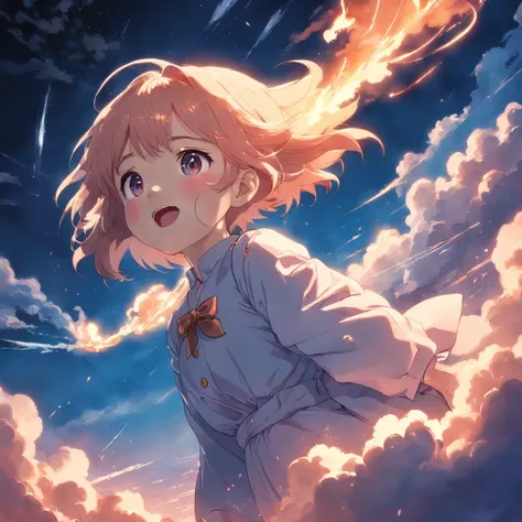 masterpiece, best quality, movie still, 1girl, cloud girl, floating in the sky, close-up, bright, happy, warm soft lighting, sunset, (sparks:0.7)