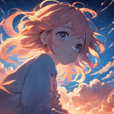 masterpiece, best quality, movie still, 1girl, cloud girl, floating in the sky, close-up, bright, happy, warm soft lighting, sunset, (sparks:0.7)