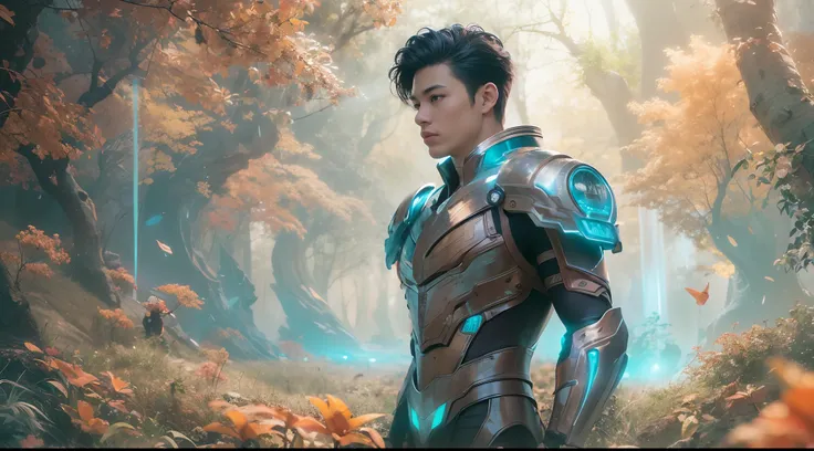 1boy, photo of very very handsome suave smiling young 25-year-old male Chinese prince, clothed in futuristic cybernetic armor, wearing a large futuristic crown, walking in an ethereal enchanted forest with neon glowing flowers and a rainbow in the sky, sci...