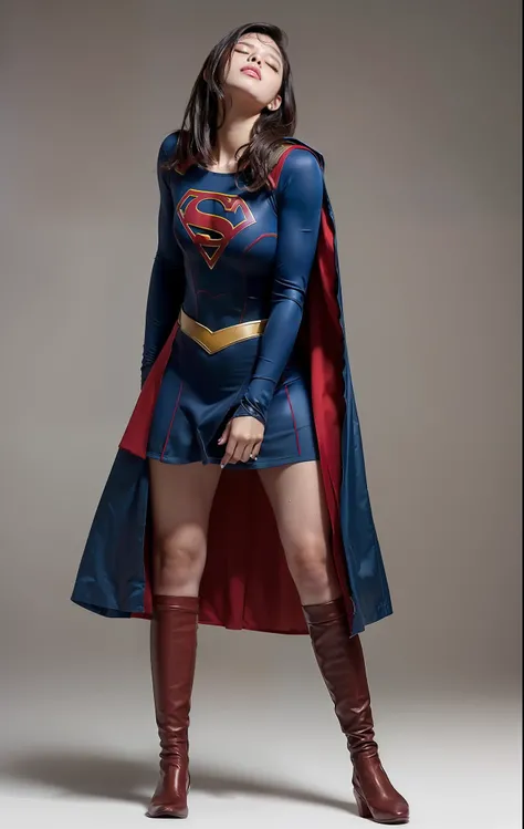 (((Make the most of the original image)))、(((Supergirl Costume)))、(((Hung)))、(((and draw the full body)))、(((Stick to weakness)))、(((Eyes closed)))、(((a short bob、lustrous dark hair)))、(((Suffering)))、(((The cloak is red)))、(((Wearing stockings)))、(((Costu...