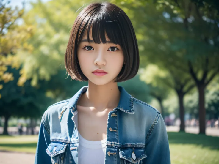 (A hyper-realistic), Raw photo, Realistic, (High resolution), (8K), (Very detailed), (Best Quality), (masterpiece), ((flat chest:1.2)), 13 years old, one cute girl, denim shirt, short hair, short bangs, slender, tanned skin, in the park, wide angle view