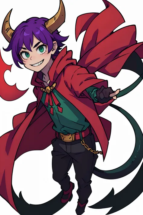 Boy with purple hair、short-hair、Green eyes、Devils horns and tail、((Deformed))、A smile、red cloak、Composition that reflects the whole body、White background