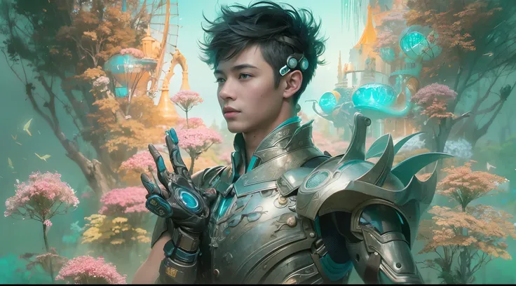 1boy, photo of very very handsome suave smiling young 25-year-old male Chinese prince, clothed in futuristic cybernetic armor, wearing a large futuristic crown, walking in an ethereal enchanted forest with neon glowing flowers and a rainbow in the sky, sci...