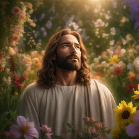 "Generate a realistic depiction of Jesus in a garden, com flores coloridas ao redor e luz suave iluminando seu rosto." high definition image, detalhamento alto e estilo fotorrealismo. Imagem com pelo menos 300 dpi, UHD 8k