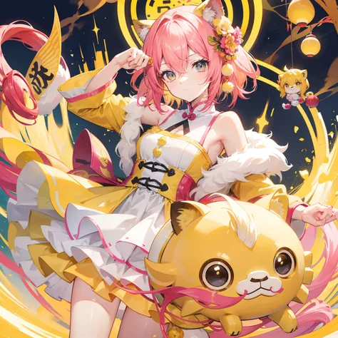 short, Helmet-like yellow-pink hair，It feels fluffy，Wear slender clothes with yellow powder，This is a quirk，Very cute lion dance loli