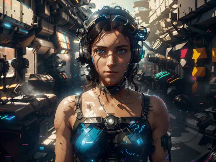 ((Best quality)), ((masterpiece)), (highly detailed:1.3), 3D,full body portrait,rfktr_technotrex, beautiful cyberpunk woman,(wearing head-mounted display that is chunky and hi-tech with neon lights:1.2),wearring a cape,computer hacking,computer terminals,s...