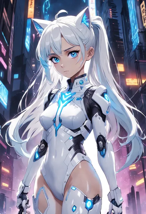 Full body internet girl with ponytail. Ariana Grandes face. Bright white indicates that she is a cyber girl with a white laser rifle. White eyebrows. Clothes like cat outfits. She also has bright blue eyes. The environment is similar to a terminator. The h...