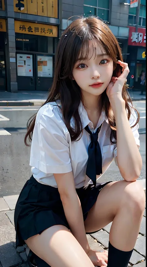 (Raw photography:1.2)、top-quality、a beautiful detailed girl、校服、韓国アイドル、Beautiful facial features、get angry、small tits、tiny chest、a miniskirt、JK school uniform、frombelow、a blond、、extremely detailed eye and face、beatiful detailed eyes、hight resolution、8k wall...