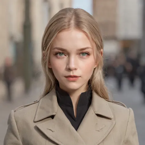 Lonely young girl, Tall stature, little chest, Slavic appearance: Green eyes; blond hair; sharp facial features; Straight nose; pronounced high cheekbones, stands upright, military uniform: gray double-breasted overcoat; gray pants, full length, max detail...