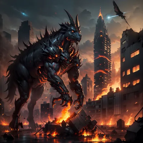 In being blown up, Ruined cityscape, The streets were shelled，Buildings burn，The windows were shattered，[（terroral）+（Humanoid monster with goat face）]Standing on the lava below casts a shadow. Its eyes, Glows like embers,. The flames dancing around the bod...