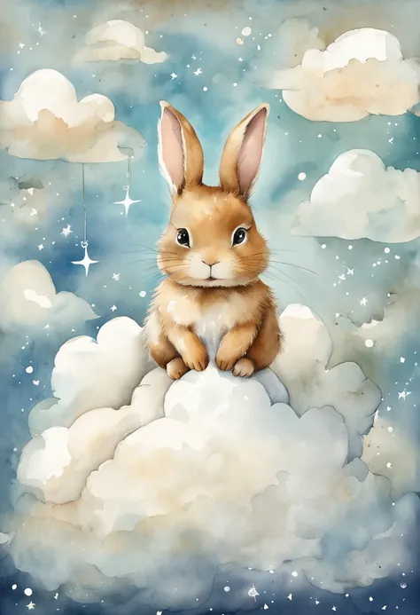 a cute bunny in a cloud over some stars framed by clouds on a wall, in the style of digital collage, dreamlike scenarios, animated gifs, ethereal dreamscapes, light brown and sky-blue, tarot card, eiichiro oda