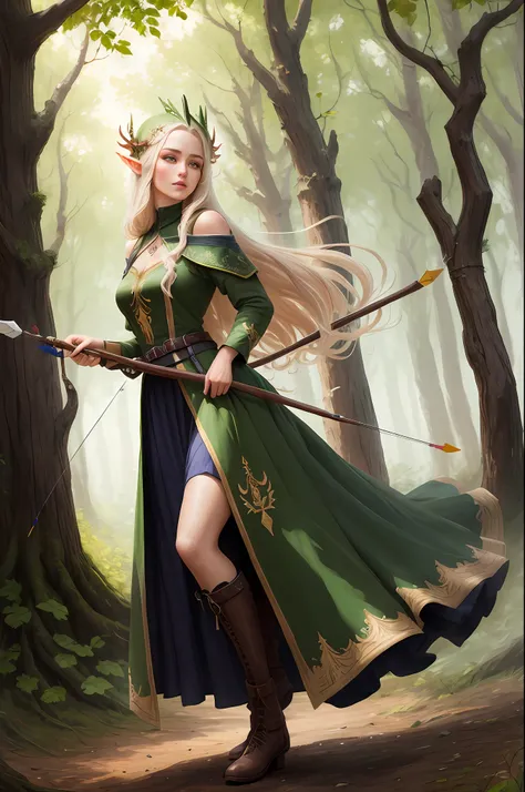 Wood elves，combats，Beautuful Women，Long straight hair，Streamlined headgear，bow and arrows，Green clothing，floating long dress