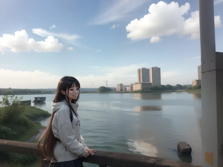 Manga girl character beside the river, long hair, smile