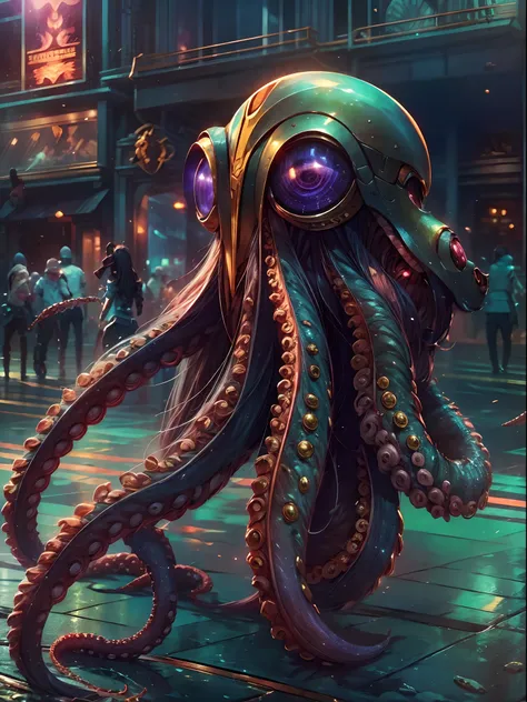 Invading aliens，uncanny，Octopus tentacles，Full body like，combats，The city was destroyed，of a real，Facial features are carefully depicted，Realistic skin texture，Dark style，depth of fields，high light，Real light，Ray traching，oc rendered，Hyper-realistic，best q...