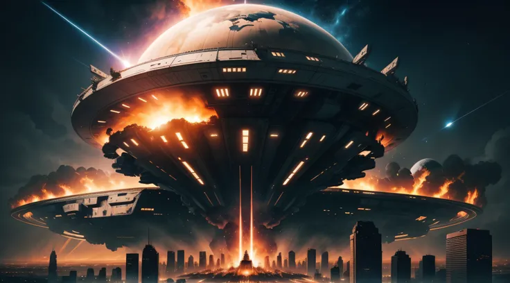 A huge alien spaceship rests over the city，Destruction and bombing of cities，The whole city is burning，The end of the world is coming，Interstellar wars break out between Earth and alien civilizations