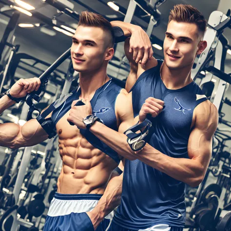 Draw a full-fledged athlete，Stand on the central field of the gym，He wears high-end sportswear，The man looks confident and determined，rays of sunshine，cheerful big breasts，Handsome，Crew cut，full bodyesbian，shooting from below，