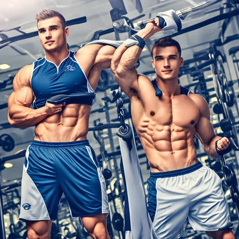 Draw a full-fledged athlete，Stand on the central field of the gym，He wears high-end sportswear，The man looks confident and determined，rays of sunshine，cheerful big breasts，Handsome，Crew cut，full bodyesbian，shooting from below，