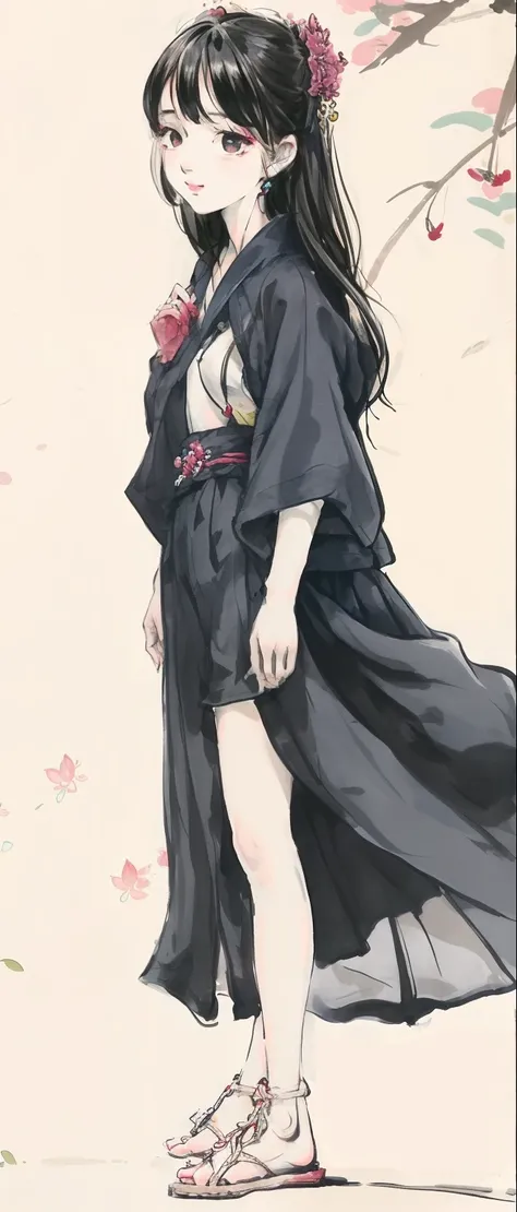 ((4k,masterpiece,best quality)), shuimobysim, traditional chinese ink painting, lotus, kimono, maxiskit, dress conservatively
1girl, solo, short black hair, smile, standing, feet in the water, wearing geta