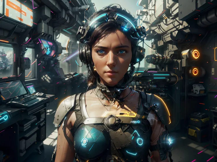 ((Best quality)), ((masterpiece)), (highly detailed:1.3), 3D,full body portrait,rfktr_technotrex, beautiful cyberpunk woman,(wearing head-mounted display that is chunky and hi-tech with neon lights:1.2),wearring a cape,computer hacking,computer terminals,s...