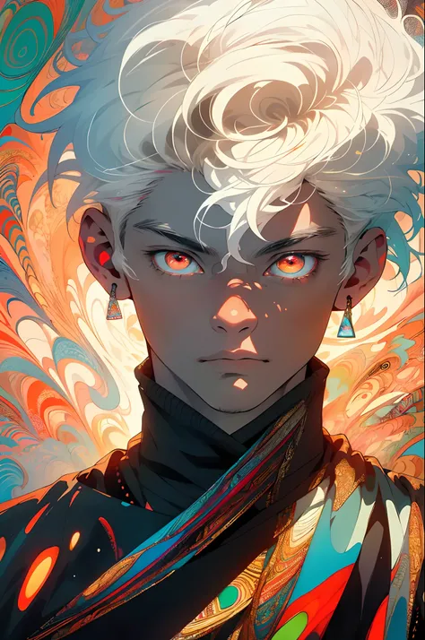 Realistic, (Masterpiece, Top Quality, Best Quality, Official Art, Beauty and Aesthetics: 1.2), Very Detailed, Fractal Art, Colorful, Most Detailed, Zentangle, (Abstract Background: 1.5) (1boy: 1.3), God, White Hair, Short Hair, (Glowing Red Eyes), Mysterio...