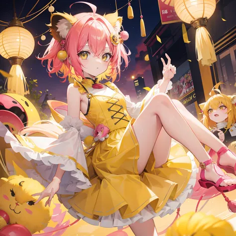 short, Helmet-like yellow-pink hair，It feels fluffy，Wear slender clothes with yellow powder，This is a quirk，Very cute lion dance loli