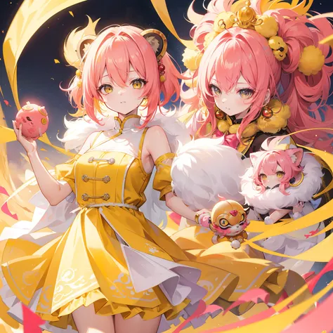 short, Helmet-like yellow-pink hair，It feels fluffy，Wear slender clothes with yellow powder，This is a quirk，Very cute lion dance loli