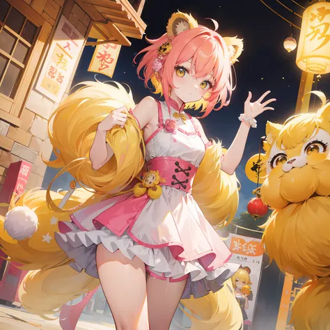 short, Helmet-like yellow-pink hair，It feels fluffy，Wear slender clothes with yellow powder，This is a quirk，Very cute lion dance loli