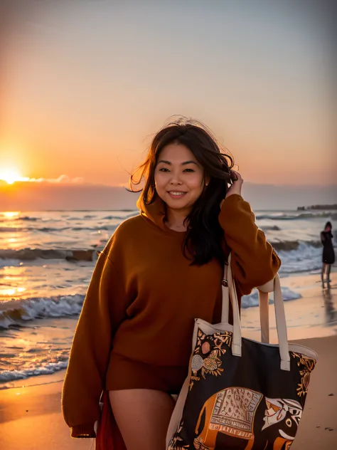 woman standing on the beach with a bag and a purse, at a beach, candid picture, at beach at sunset, candid photo, candid photograph, standing at the beach, at the sea, posing on a beach with the ocean, in the beach, at the beach, standing near the beach, t...