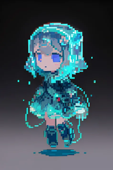 ((pixel art)),masterpiece, best quality, cinematic lighting,soft lighting,jellyfish anthropomorphic, full body, crystal clear jellyfish head, semi-mechanized girl body, mechanized armor, high tech mech, cyberpunk, super cute, chibi, bioluminescence, volume...