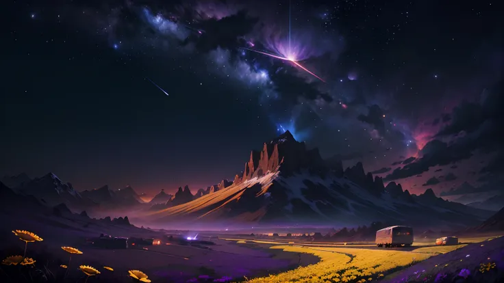 (Absurd, Cinematic, UHD, taller, ultra detailed, ultra detailed), dark purple sky, nebula in the sky, last 5 in the sky, big moon in the sky, flying train, shooting star, dandelion field, mountain, oil painting, detailed dandelion field, detailed sky, suns...