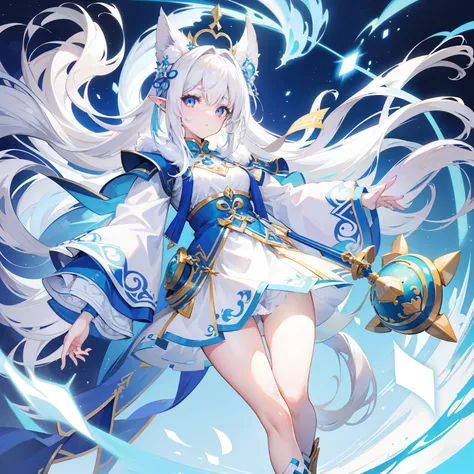 Creamy white hair，Fuzzy clothes，Hairy lute，Blue and white color scheme，Cute as the Jade Rabbit Elf，Precision and flexibility，Beautiful appearance，Its a sweet girl