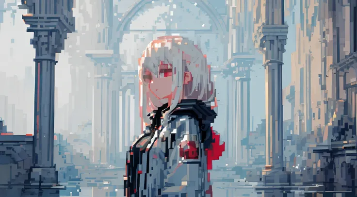 ((pixel art)),masterpiece, best quality, cinematic lighting,soft lighting,(1girl :1.3),morning,beautiful white hair,(techwear :1...