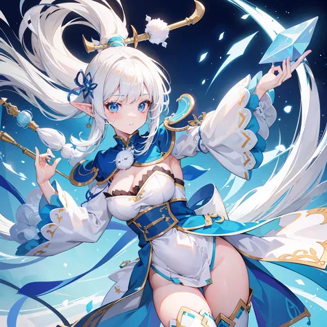 Creamy white hair，Fuzzy clothes，Hairy lute，Blue and white color scheme，Cute as the Jade Rabbit Elf，Precision and flexibility，Beautiful appearance，Its a sweet girl