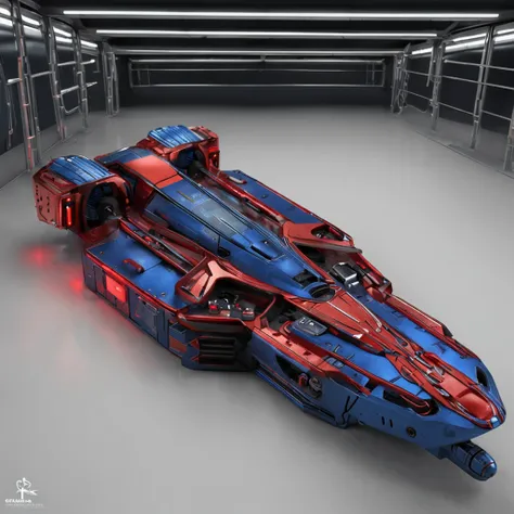 There is a storage platform in the spaceship scene，Covered with illuminated circuit tubes，metalictexture，Mechanical style，Iron gray，Red and blue contrast light effect，8K