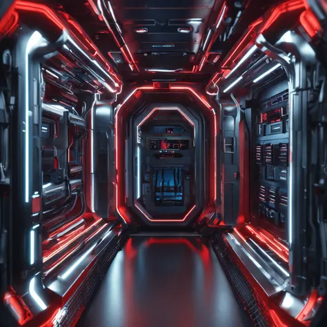 There is a storage platform in the spaceship scene，Covered with illuminated circuit tubes，metalictexture，Mechanical style，Iron gray，Red and blue contrast light effect，8K