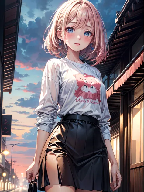 ((masterpiece+best quality+high resolution+illustration1.3+ultra 8k)), 1girl, ((detailed body)) ((attractive face)), short pink hair, pink shar eyes, silky hair, attractive eyes, blush, erotica, blue tshirt, black skirt, outdoor, fantasy cloud, cloudy weat...