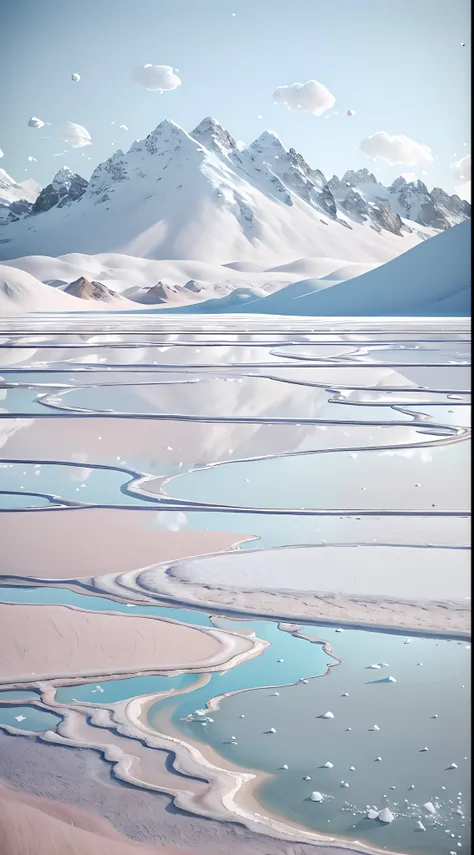 low  angle shot，photography of，White salt flats，Otherworldly landscape style，Photorealistic landscape，Pale pink and light blue，Confetti-like dots，desolate scenery，hasselblad h6d-400c，Nature-inspired installation，no reflection，IS0800，8k，cinematic ligh，Hitok...