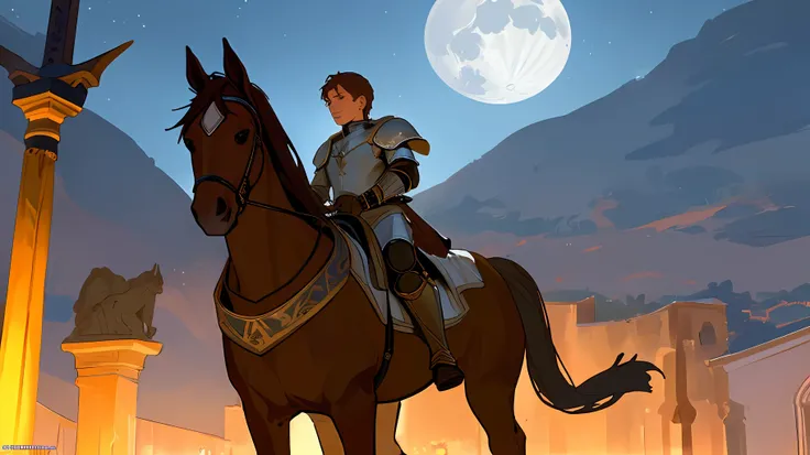 Draw a vivid and realistic scene of St. George on his horse, captured within a night setting under the full moon. Show St. George dressed in his legendary armor, wielding a spear, enquanto seu cavalo se ergue com graciosidade em meio a um terreno rochoso e...