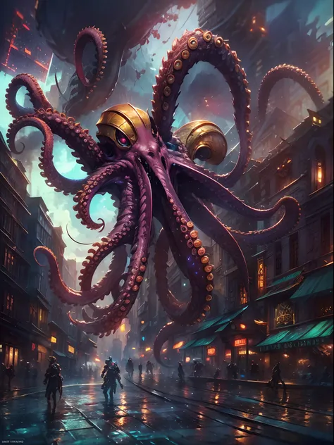 invading aliens，uncanny，octopus tentacles，full body like，combats，the city was destroyed，of a real，facial features are carefully ...