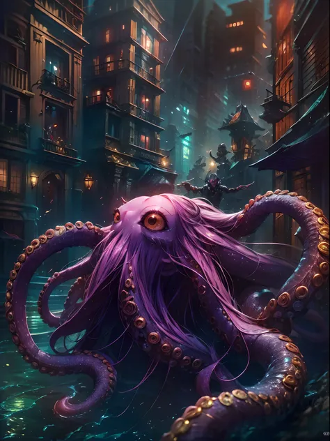 Invading aliens，uncanny，Octopus tentacles，Full body like，combats，The city was destroyed，of a real，Facial features are carefully depicted，Realistic skin texture，Dark style，depth of fields，high light，Real light，Ray traching，oc rendered，Hyper-realistic，best q...