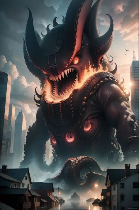 Giant octopus monster，Invade the city，Destroyed cities，The city was flooded，Ultra photo realsisim, Photorealistic, 8K, an award winning photograph