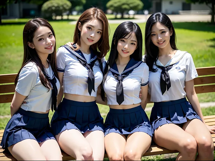 (Three mature asian girls from the same school in short uniform with perfect detail sitting on a bench:1.5)、JK school uniform、(Black Haired Gal:1.5)、Famous schoolgirl in Japan in short uniform、(Pleated miniskirt with perfect detail、Wearing a short sailor s...