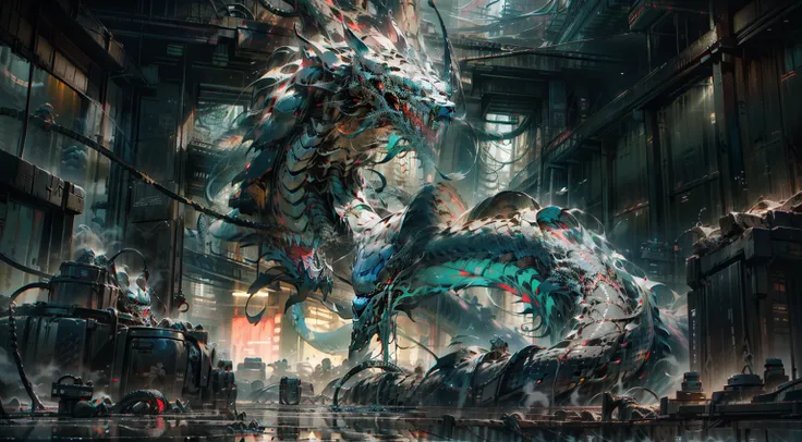 A transparent  huge Orochi serpent coming out from a  mettlaic black liquid ocean  ,visble mechanical spinal cord with blue neon lights and skeleton, metallic skeleton, red ocean background ,cyborg style , lightning, photorealistic ,
,wallpaper style ,serp...