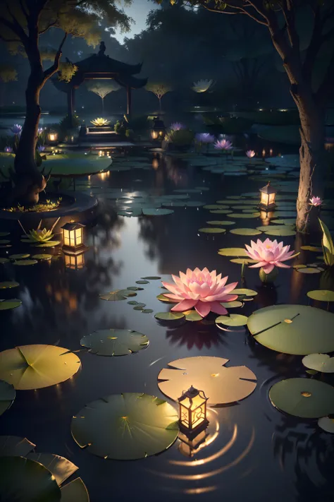 there are many water lilies floating in a pond with lanterns, lotus pond, unreal engine ; romantic theme, quiet and serene atmosphere, waterlily pond, realistic garden, with photorealistic lighting, hyperrealistic lighting, unreal engine art, highly detail...