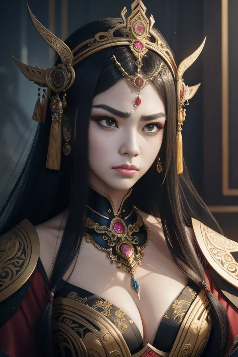 Close-up of a woman wearing a fancy headdress and a big headdress, intricate wlop, by Russell Dongjun Lu, a beautiful fantasy empress, portrait of a cyborg queen, chengwei pan on artstation, simple futurist cyborg empress, Inspired by Ai Xuan, intricate or...