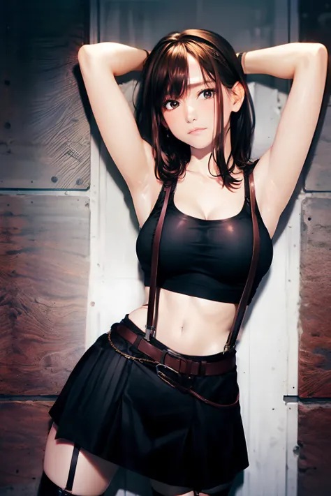 a black skirt, Tank Tops　suspenders, Brown hair short, Gray eyes, holster, Garter belt on the legs, Big breasts and tight clothes, 　　 a belt　Armpit sweat　Fold your hands behind your head　deadpan